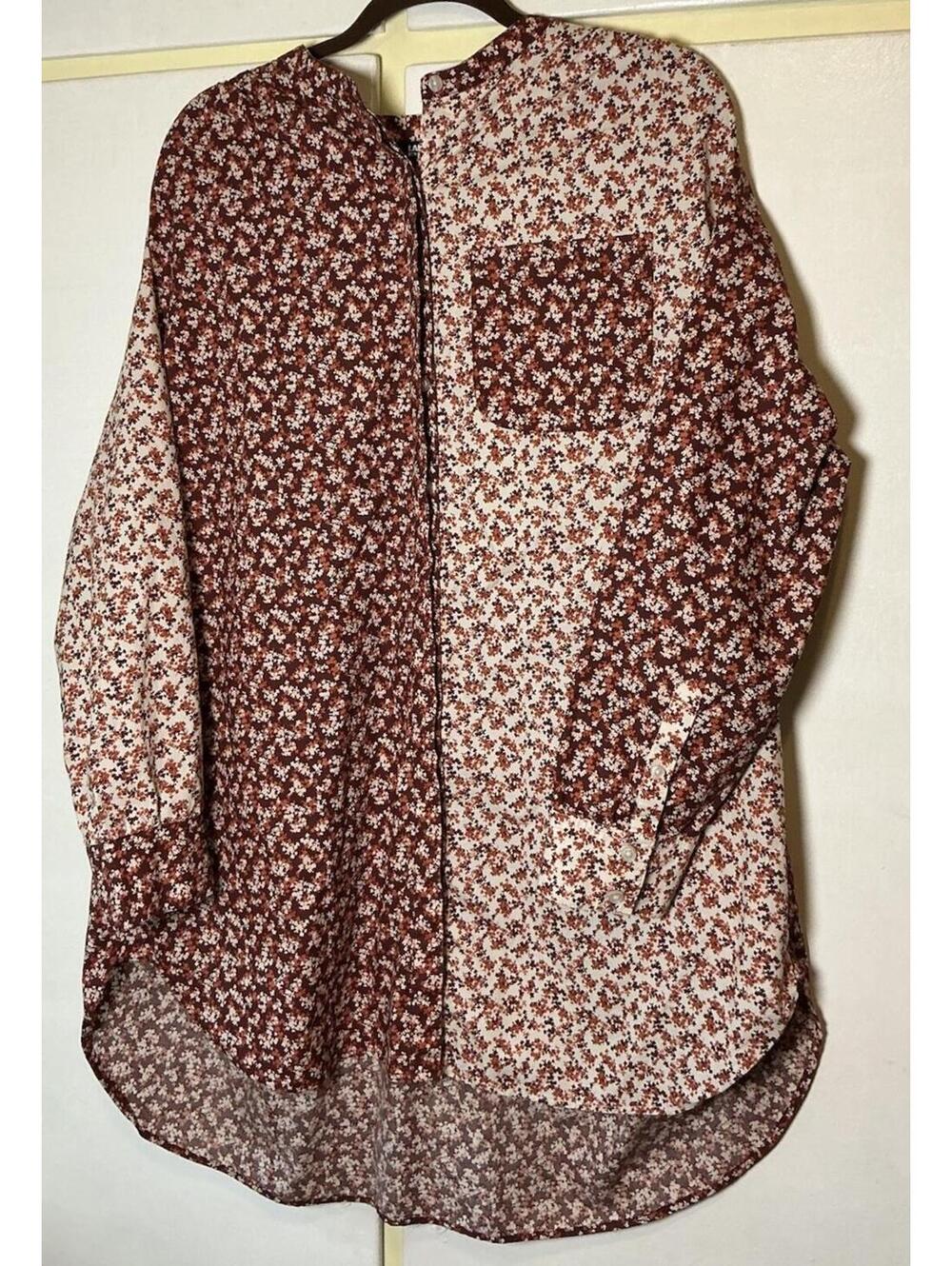 Lands' End Tunic Shirt Top Women's XL Red Floral Two Tone Long Sleeve